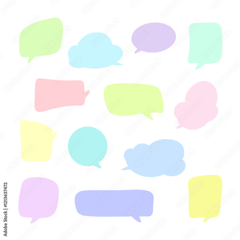 A set of different colored speech bubbles, hand-drawn, isolated on a white background, vector. An empty text field for a quote or message. An element for decoration, design with text. Doodle dialog A set of different colored speech bubbles, hand-drawn, isolated on a white background, vector. An empty text field for a quote or message. An element for decoration, design with text. Doodle dialog