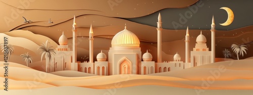 Serene Night at the Desert Mosque: A 3D Papercut Artwork of Islamic Architecture under the Crescent Moon photo