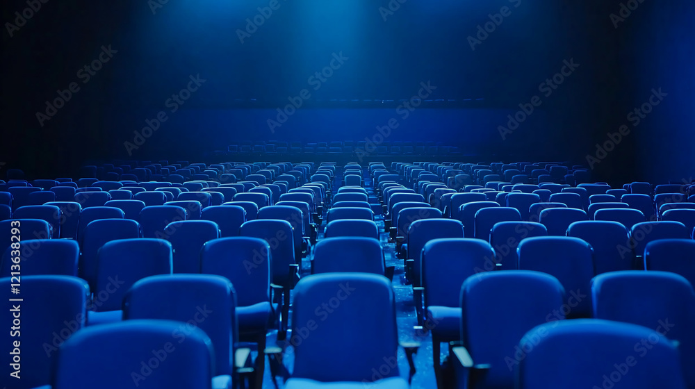 Empty blue theater seats under blue light. Empty blue theater seats under blue light.