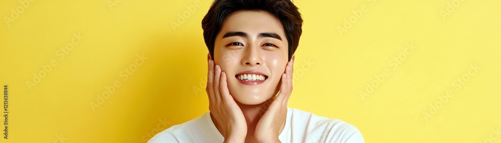 Young man with joyful expression touching face with hands on bright yellow background showcasing happiness and positivity in lifestyle imagery Young man with joyful expression touching face with hands on bright yellow background showcasing happiness and positivity in lifestyle imagery