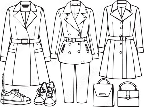 Women's trench coat. Outline fashion illustration. Vector illustration.