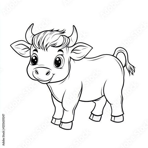 Cute cartoon bull coloring page, children's book illustration photo