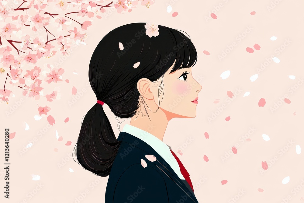 Profile of a Young Girl with Black Hair Adorned with Cherry Blossom Petals Surrounded by Blush Pink Spring Flowers in a Gentle and Dreamy Aesthetic