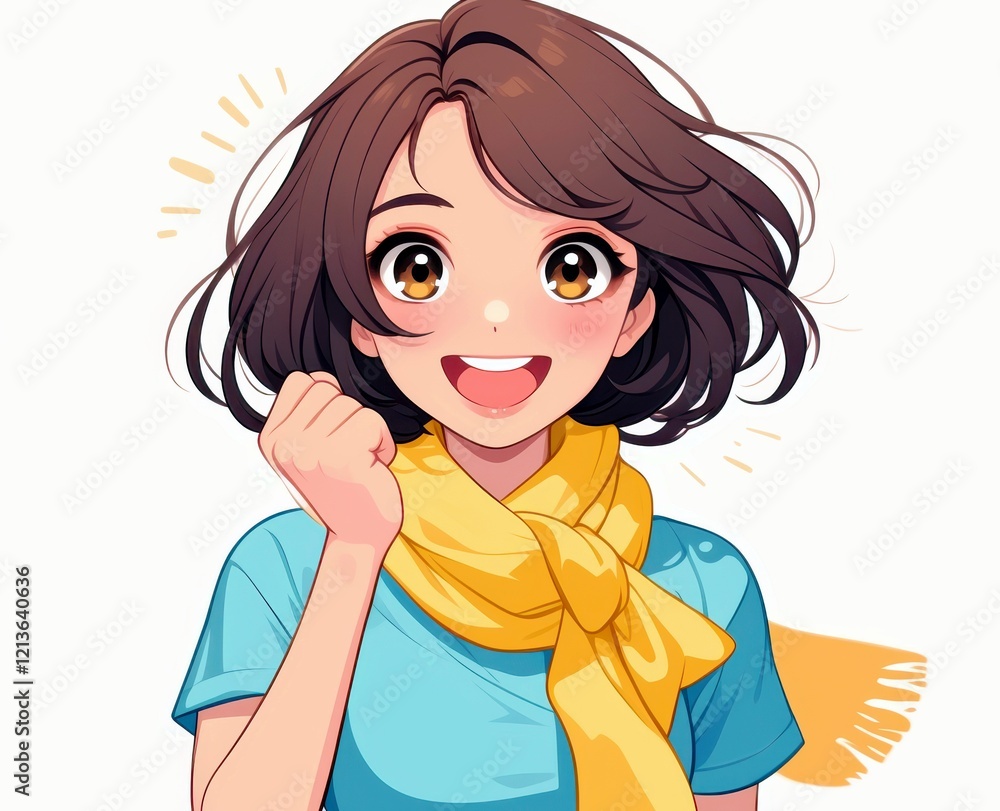 Cheerful young woman with short brunette hair wearing a blue shirt and yellow scarf expressing joy and excitement in a bright animated style Cheerful young woman with short brunette hair wearing a blue shirt and yellow scarf expressing joy and excitement in a bright animated style