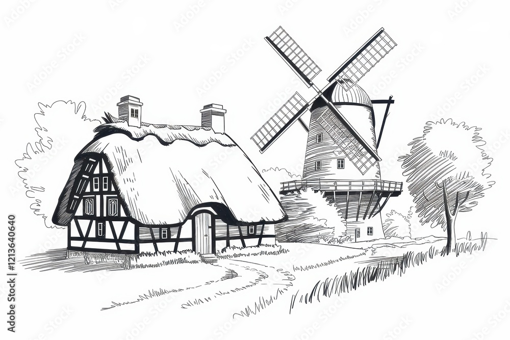 Obraz premium Thatched Roof House and Windmill Rural Scene