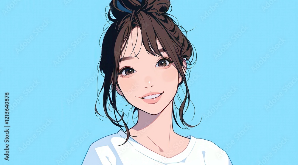 Smiling girl portrait with long dark hair and playful bun hairstyle against a soft blue background showcasing youthful energy and happiness Smiling girl portrait with long dark hair and playful bun hairstyle against a soft blue background showcasing youthful energy and happiness