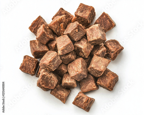Dried Beef Jerky Cubes on White Background, Freeze Dried Dog Food 