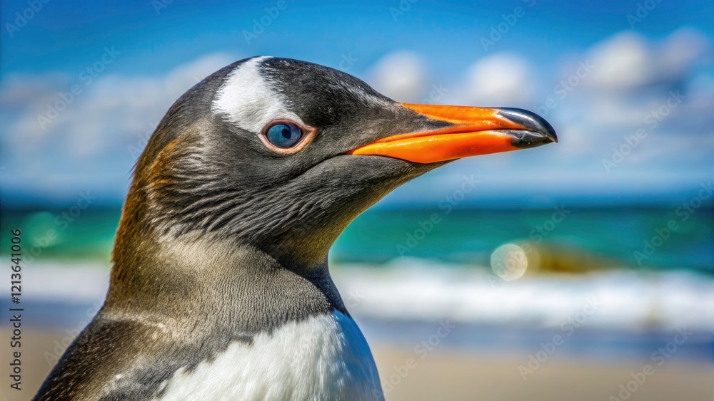 Naklejka premium Gentoo Penguin Close-Up, Falkland Islands, Antarctica Beach Wildlife Photography