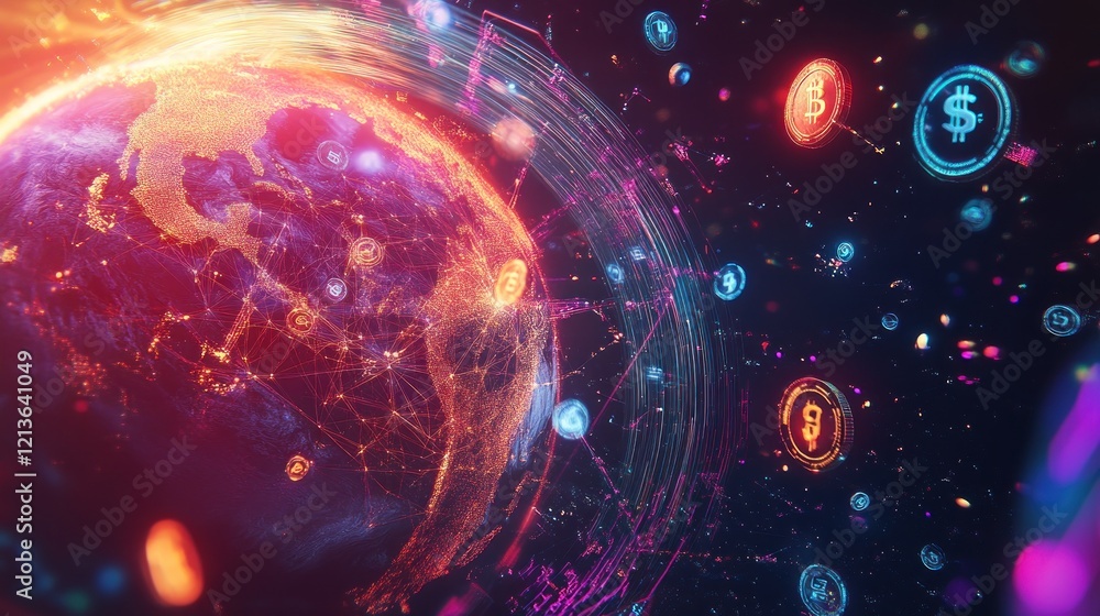 Fototapeta premium Global finance network, digital currency, night, space