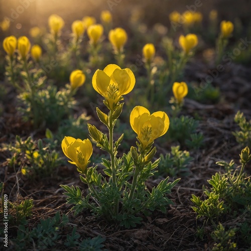 A vibrant yellow aconite glowing in soft evening light. photo