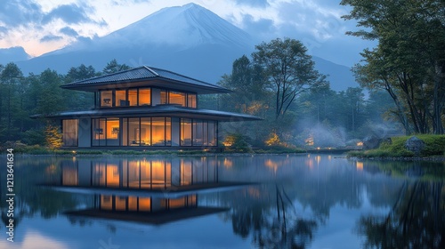 Mountain view luxury Japanese house, lake reflection, dawn