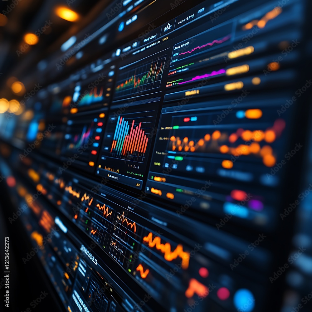 Naklejka premium Financial data displayed on multiple screens.
