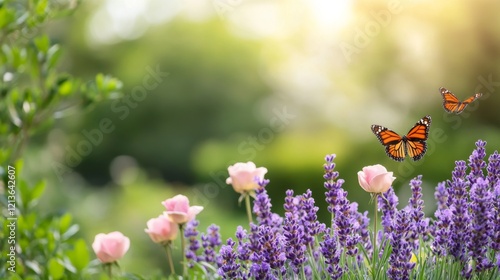 Monarch butterflies flying over lavender and roses in a sunlit garden, ideal for spring and summer designs photo