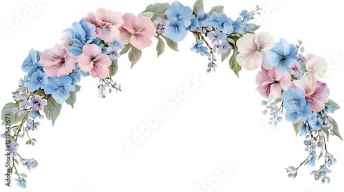 Graceful arch of pink and blue flowers on a pure white background