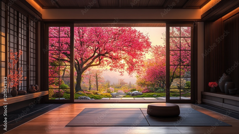 Fototapeta premium Tranquil Japanese room sunrise garden view