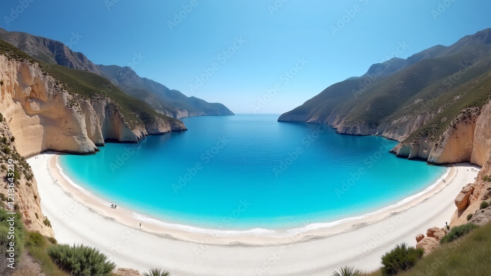 Obraz premium Myrtos Beach in Greece is famous for its turquoise waters, white pebbles, and dramatic mountain backdrop. Ideal for swimming, hiking, and exploring, it offers a serene and picturesque escape.