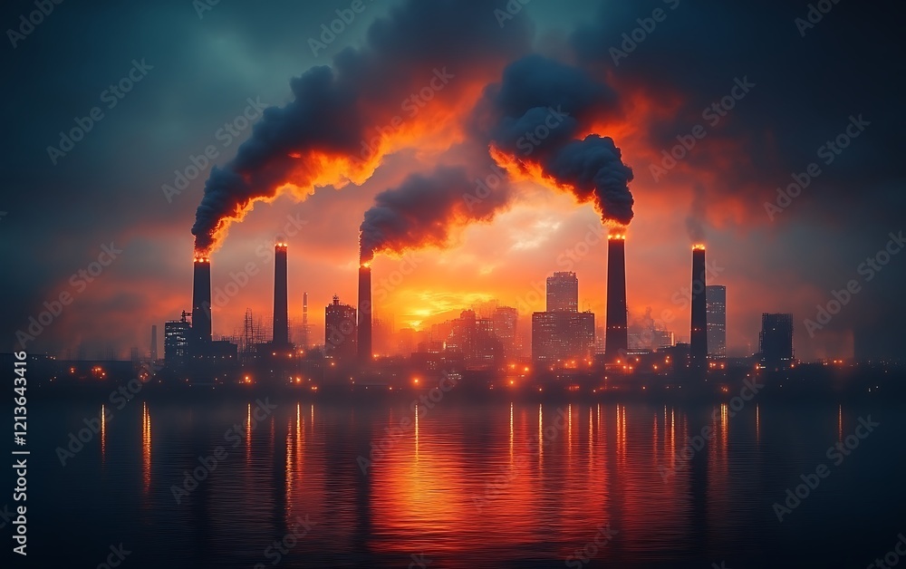 Industrial pollution at sunset over city. Industrial pollution at sunset over city.