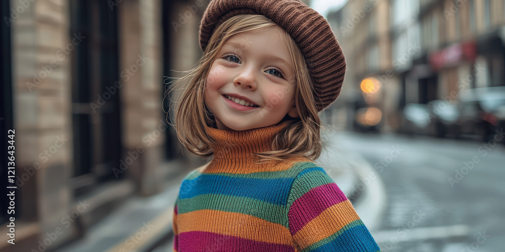 Fototapeta premium Smiling little girl wearing a colorful, striped turtleneck sweater and a brown beret hat, posing on the street, generative AI