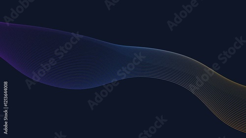 A mesmerizing animation of flowing radiant waveforms transitioning through vibrant gradient colors—purple, blue, and gold—against a sleek dark navy background.
