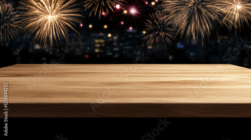 Empty wooden table against fireworks display.