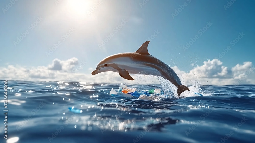 Fototapeta premium Dolphin Leaping Over Ocean Waste Under Sunshine