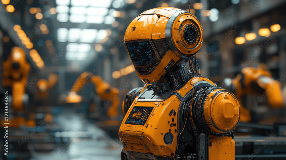high tech industrial scene showcasing advanced robotic machine in modern factory. robot features sleek design with vibrant yellow accents, surrounded by automated arms high tech industrial scene showcasing advanced robotic machine in modern factory. robot features sleek design with vibrant yellow accents, surrounded by automated arms