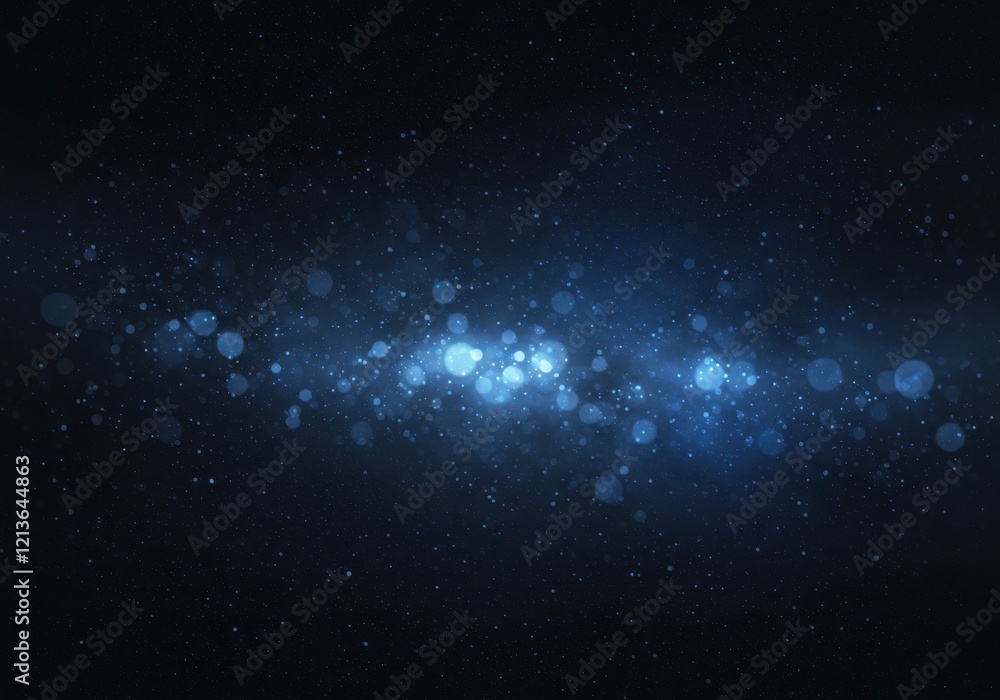 Obraz premium Dark starry night sky, deep blue cosmic background, glowing ethereal orbs, shimmering light particles, mystical celestial atmosphere