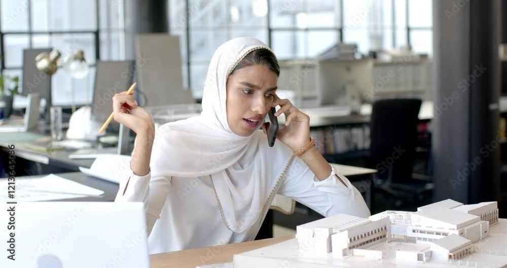 Talking on smartphone, woman in hijab working on architectural model in office Talking on smartphone, woman in hijab working on architectural model in office