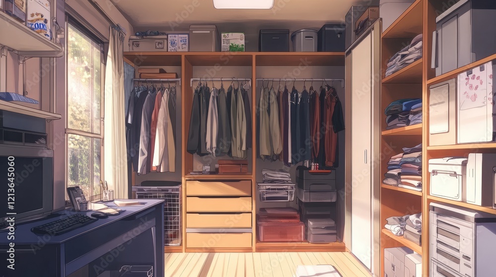 closet maximized with double-hanging rods, storage bins, and sliding doors to save space. closet maximized with double-hanging rods, storage bins, and sliding doors to save space.