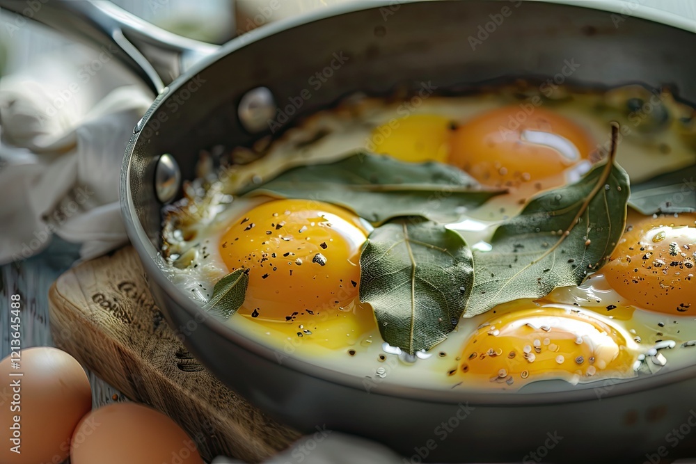 High Detail Image of Eggs and Bay Leaves in Saucepan High Detail Image of Eggs and Bay Leaves in Saucepan