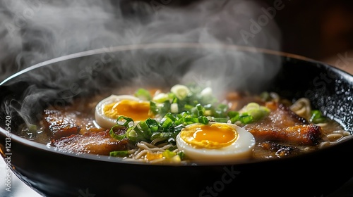 Steaming bowl of ramen with sliced pork, a soft-boiled egg and green onions, presented in a black bowl with a dynamic steamy view, showing a rich and flavorful noodle dish.  photo