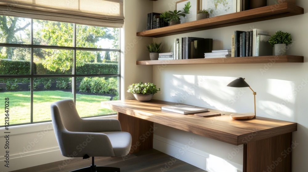 Fototapeta premium Sunlit Home Office Desk with Garden View, Books, Plants
