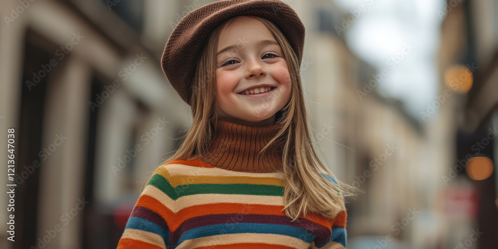 Smiling little girl wearing a colorful, striped turtleneck sweater and a brown beret hat, posing on the street, generative AI Smiling little girl wearing a colorful, striped turtleneck sweater and a brown beret hat, posing on the street, generative AI