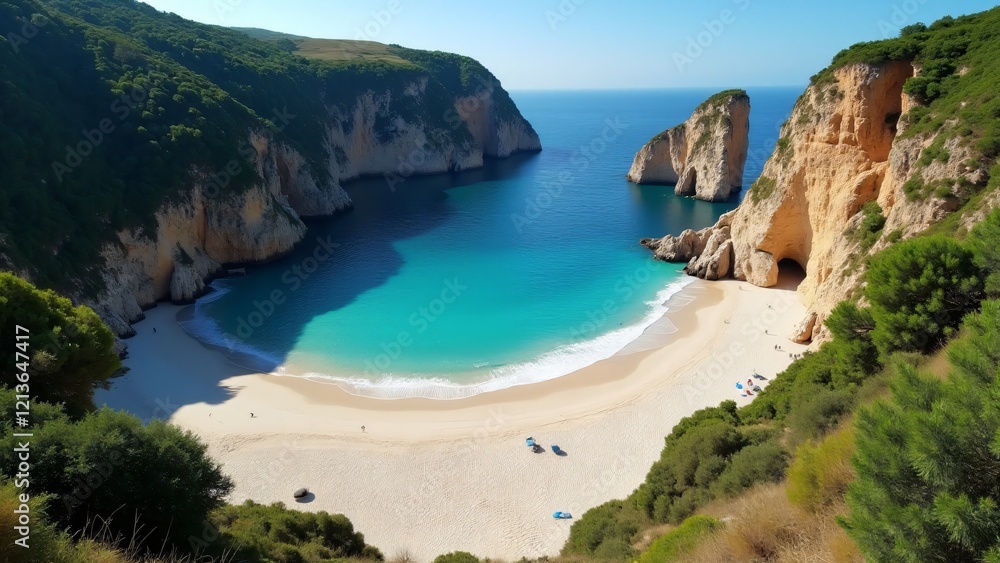 Fototapeta premium Playa del Silencio in Asturias, Spain, is a peaceful beach surrounded by cliffs and clear waters. The serene environment offers relaxation, swimming, and stunning natural views in seclusion.