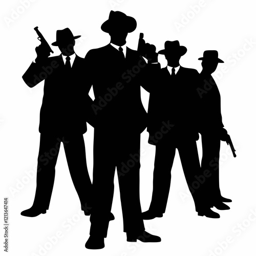 Four men in black standing in a line. One of them is holding a gun. The other three are wearing hats