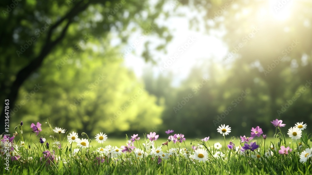 Fototapeta premium Sunny meadow wildflowers blooming in lush green park, sunlit trees background, idyllic nature scene, perfect for spring greeting cards