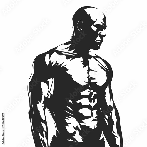 A man with a muscular body is standing in front of a white background. He is wearing a black shirt and black shorts