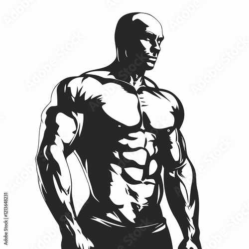 A man with a muscular body is standing in front of a white background. He is wearing a black shirt and black shorts