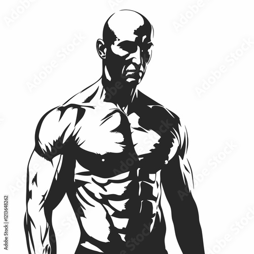 A man with a muscular body is standing in front of a white background. He is wearing a black shirt and black shorts