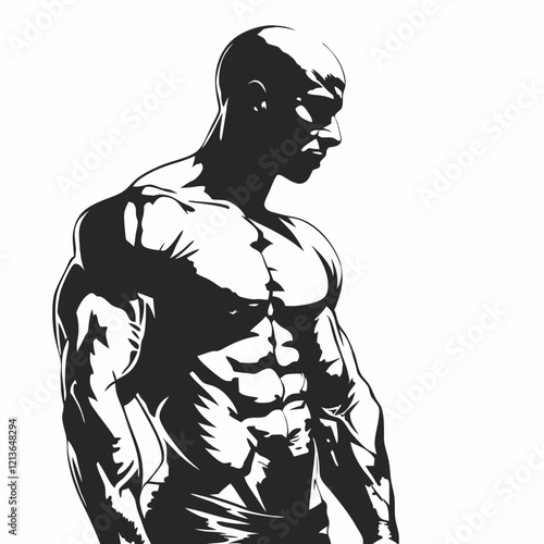 A man with a muscular body is standing in front of a white background. He is wearing a black shirt and black shorts