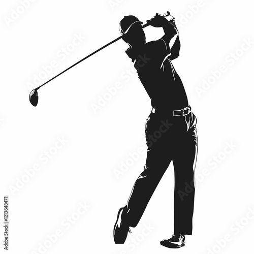 A man is swinging a golf club. He is wearing a hat and a shirt