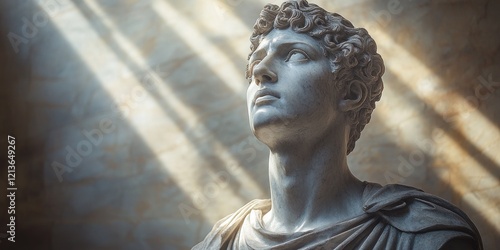 Marble Statue of Apollo Greek God in Renaissance Style with Chiaroscuro Lighting on Black Background photo