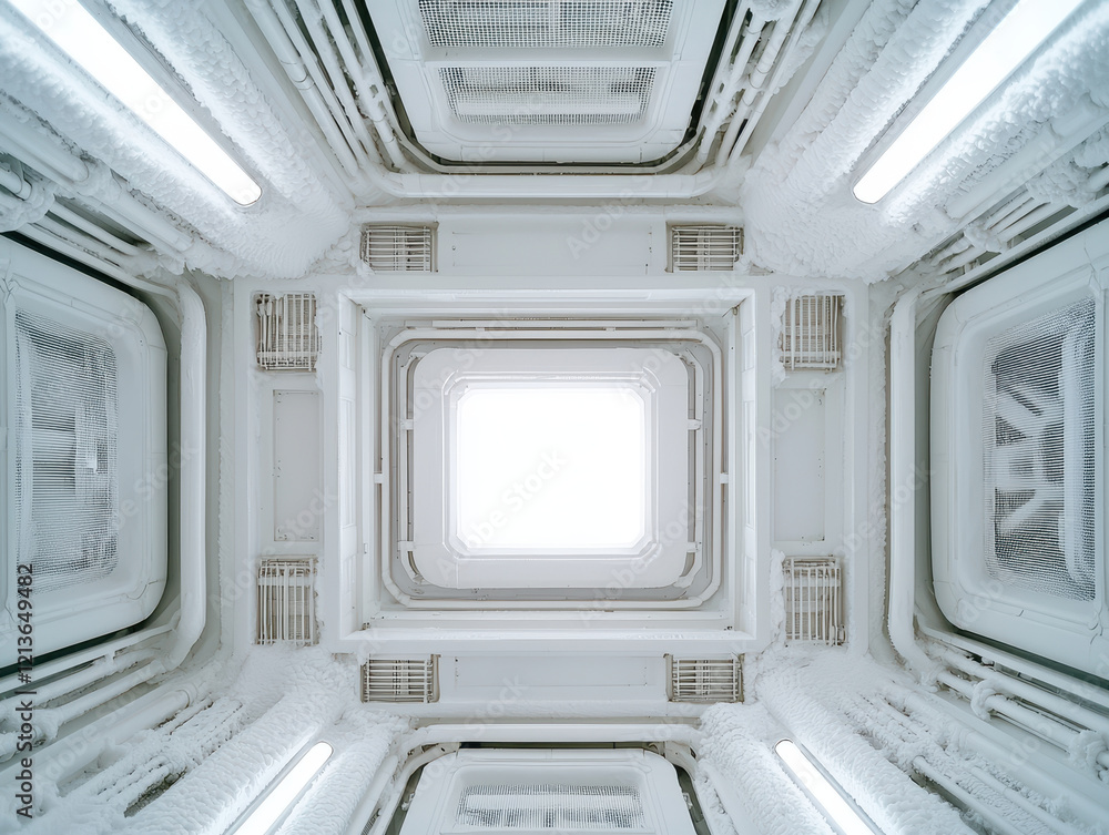 Obraz premium low angle view of modern warehouse ceiling with frost and light