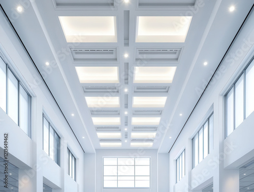 Modern warehouse ceiling with bright lighting and large windows