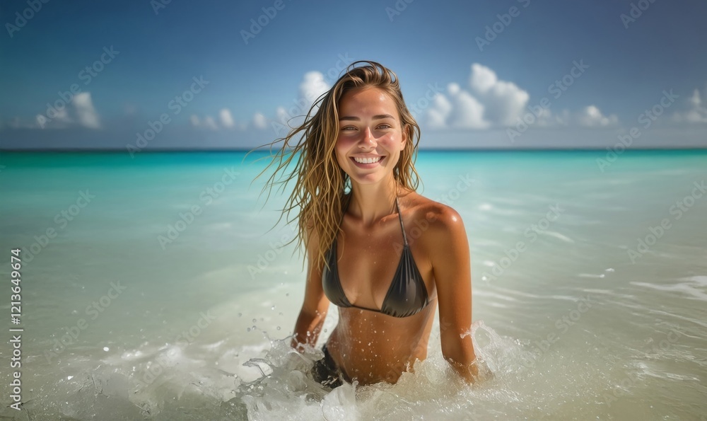 Beautiful woman rest at summer resort beach. Blonde bikini sexy model splash in sea water. Summer and leisure concept. Happy laughing young woman in bikini swimsuit playing with sea water on beach. Beautiful woman rest at summer resort beach. Blonde bikini sexy model splash in sea water. Summer and leisure concept. Happy laughing young woman in bikini swimsuit playing with sea water on beach.