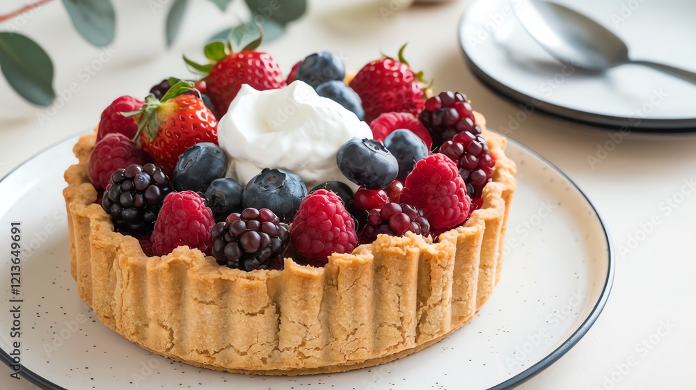 A delicious berry tart featuring a crust filled with fresh raspberries, blueberries, blackberries, and strawberries, topped with a dollop of whipped cream, perfect for dessert love A delicious berry tart featuring a crust filled with fresh raspberries, blueberries, blackberries, and strawberries, topped with a dollop of whipped cream, perfect for dessert love
