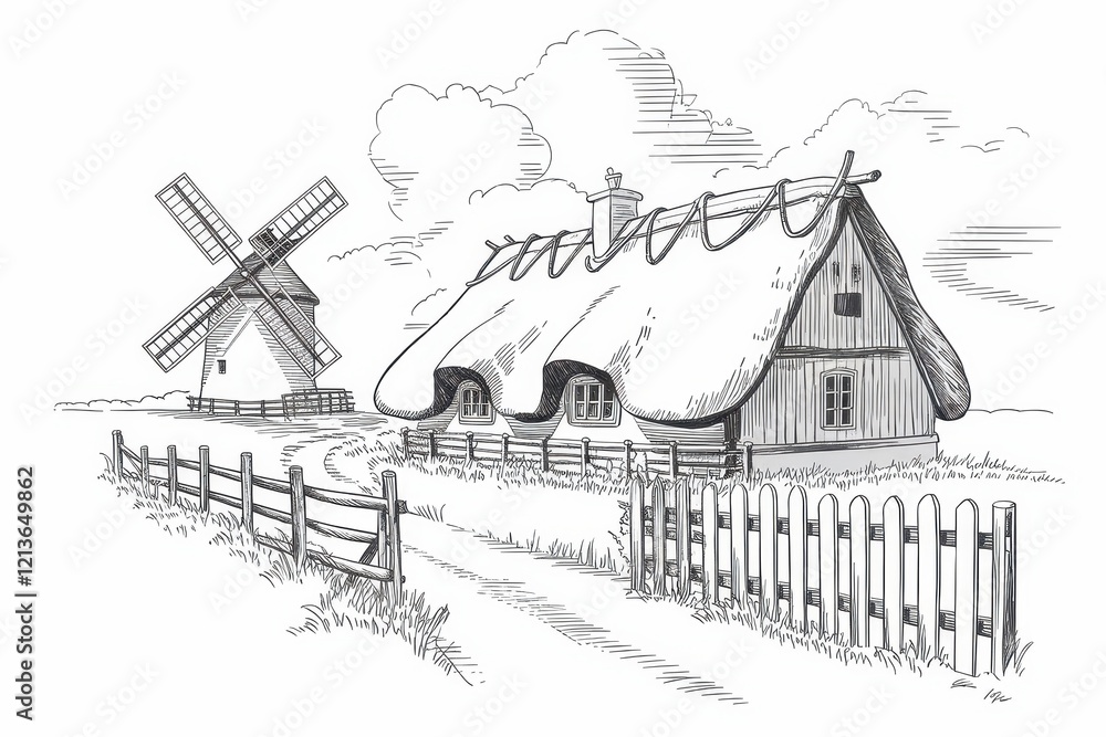 Fototapeta premium Rural Farmhouse with Windmill and Wooden Fences