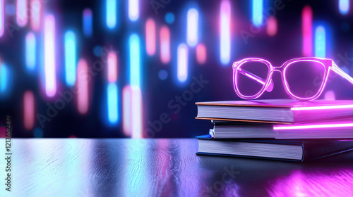 Modern glasses resting on stacked books with vibrant neon lights in background create dynamic educational atmosphere. This symbolizes fusion of technology and learning