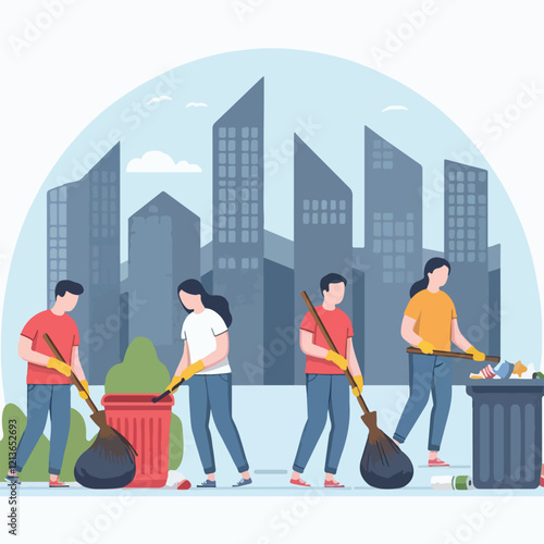 vector image of people cleaning up rubbish