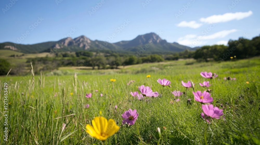 Fototapeta premium Wildflowers bloom in mountain meadow, sunny day, pastoral landscape, ideal for travel brochure